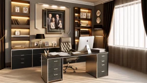 High-resolution image of a modern, elegant family office with a stylish desk, comfortable chairs, and family portraits.