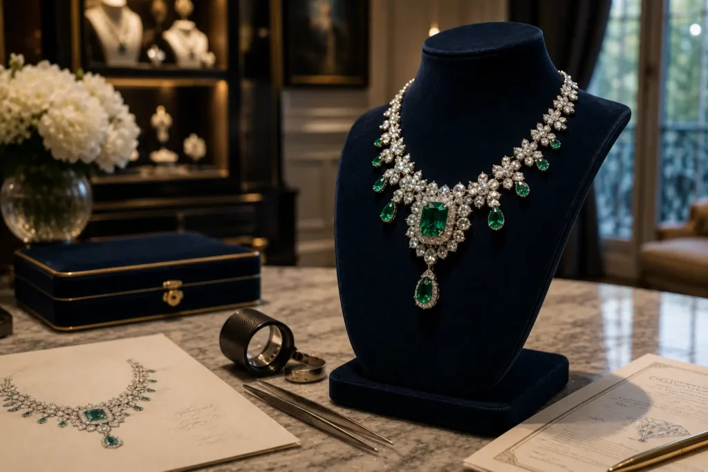 Emerald and diamond necklace displayed in a luxury setting, illustrating Davidoff Law’s work with private clients and alternative assets in Zurich