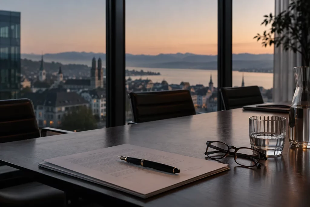 Cross-border M&A advisory: boardroom table with signed contract and fountain pen in front of the Zurich skyline at dusk – Davidoff Law, Zurich