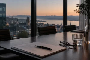 Cross-border M&A advisory: boardroom table with signed contract and fountain pen in front of the Zurich skyline at dusk – Davidoff Law, Zurich